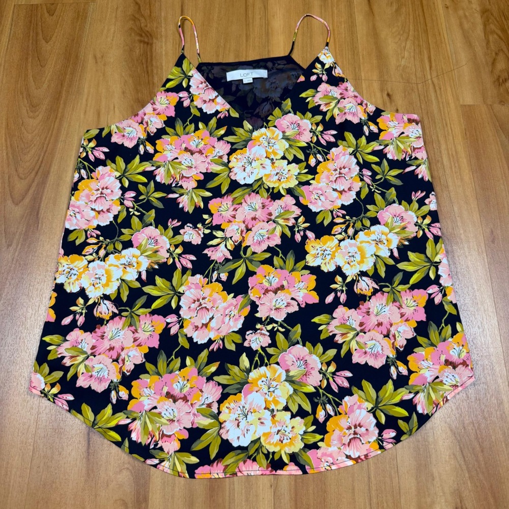 LOFT Womens Large Navy Blue Pink Floral V-Neck Spaghetti Strap Camisole Blouse